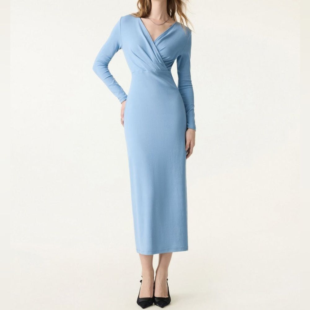 NWT OGL Cotton Lyocell Surplice Long Sleeve Midi Dress Light Blue Size XL
